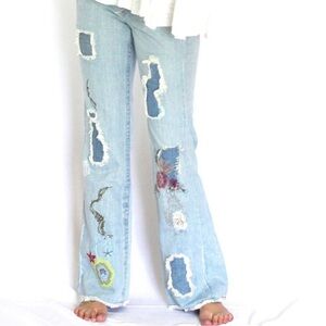 Vintage Y2K Bebe Distressed Patchwork Embroidered Jeans